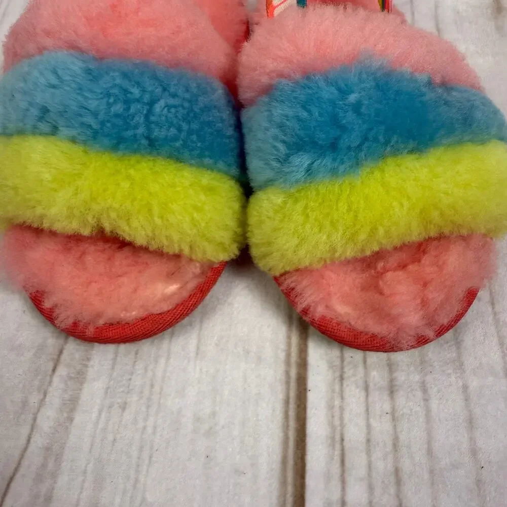 UGG Kids Rainbow Fur Fluff‎ Yeah Slides Slippers Pink Blue Yellow Size 9 Toddler